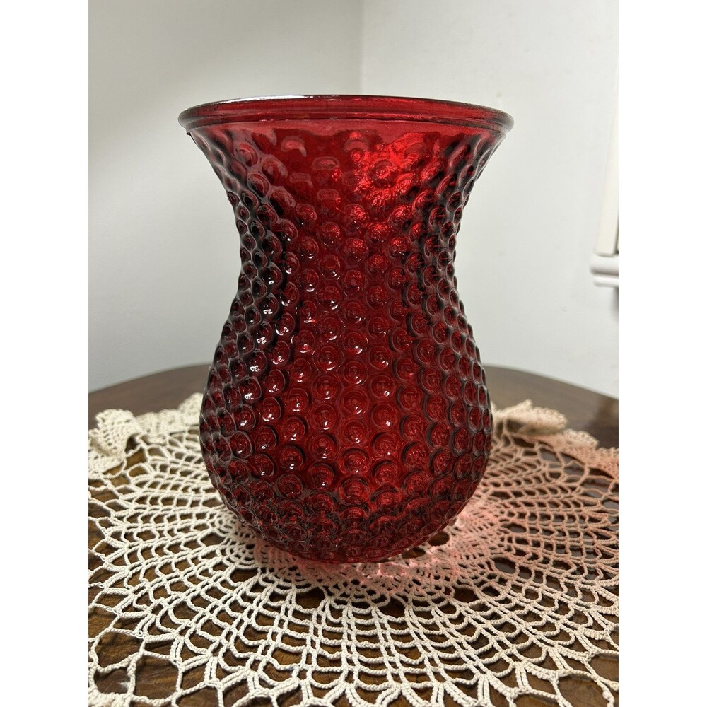 CRIMSON RED 8" TEXTURED WIDE MOUTH GLASS VASE